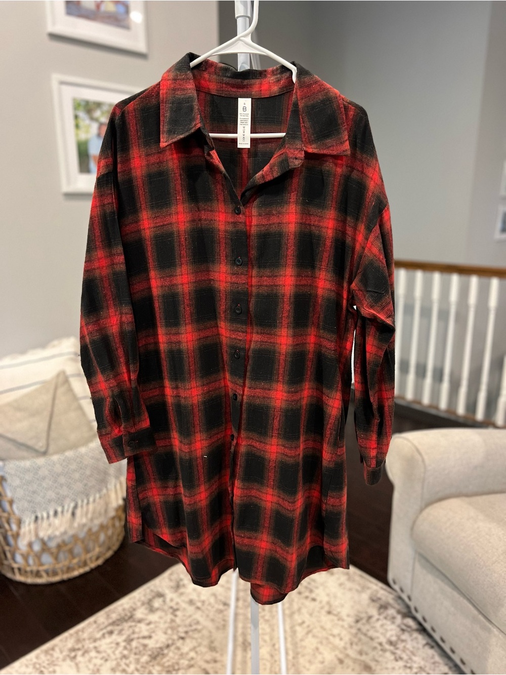 Red and Black Plaid Button-Down Shirt Dress- Medium
